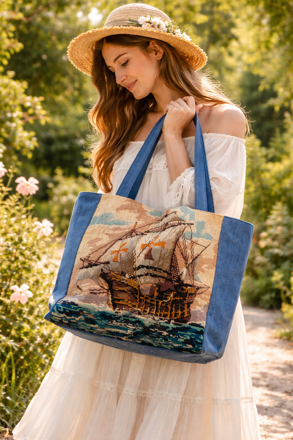 Sac cabas marin vintage – Tote bag jean bateau – Grand sac plage mer – Sac épaule bohème recyclé – Pièce unique
