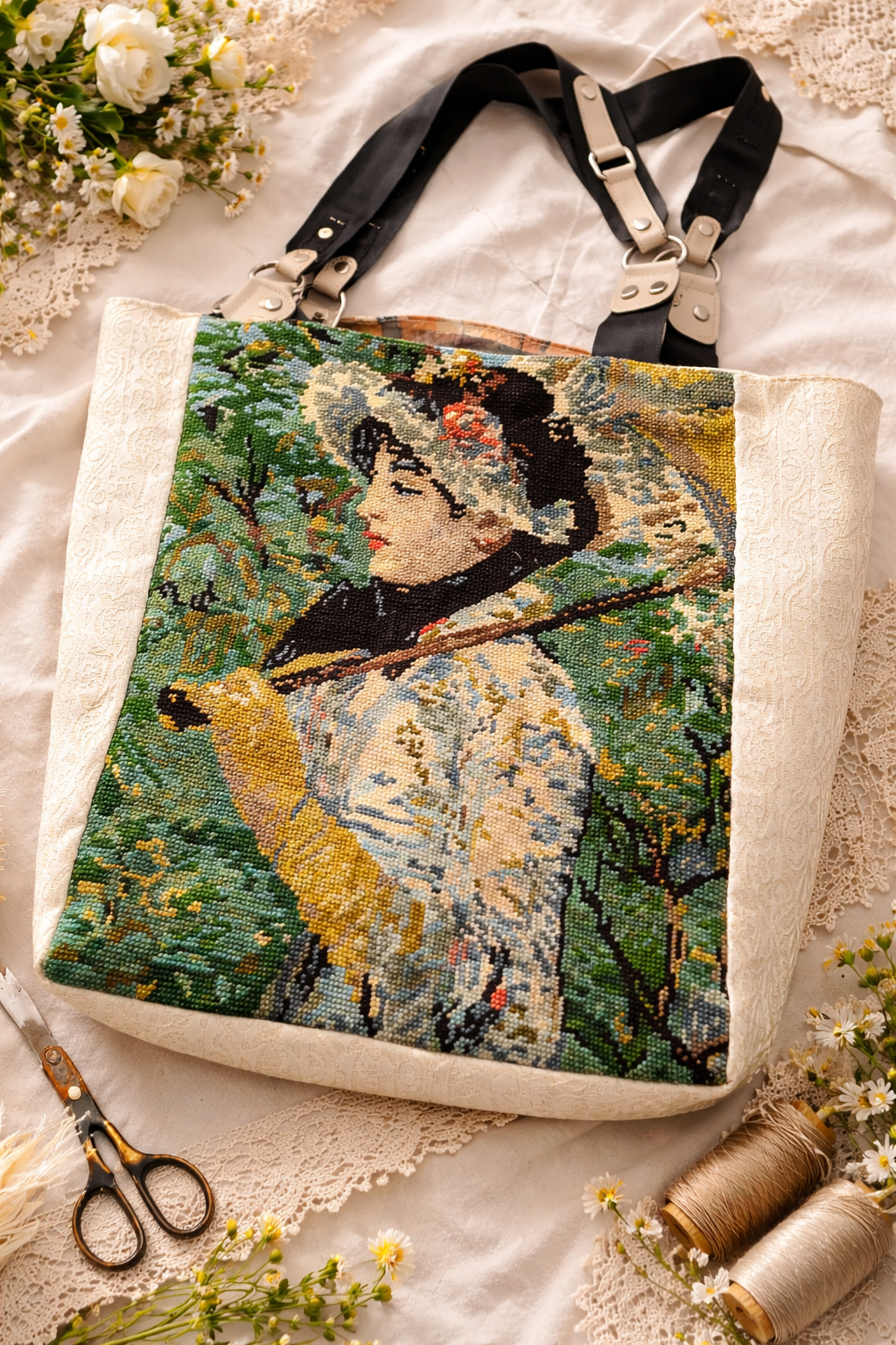 Sac cabas artisanal canevas – Grand tote bag vintage femme – Sac épaule plage bohème – Pièce unique recyclée