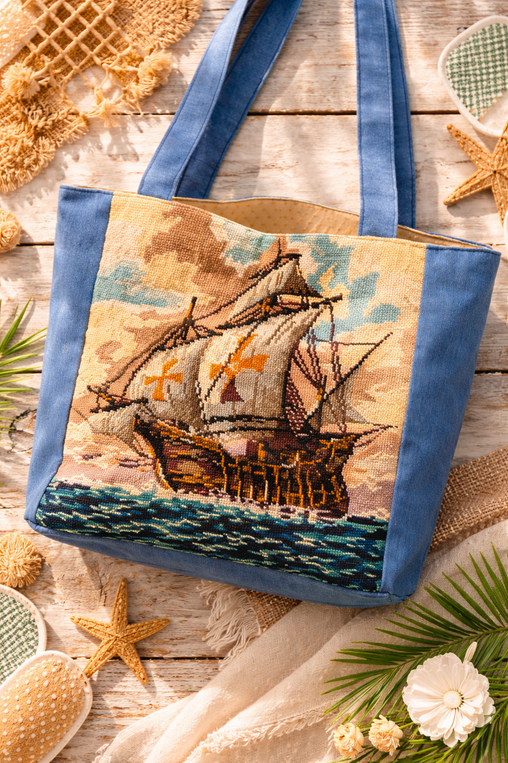 Sac cabas marin vintage – Tote bag jean bateau – Grand sac plage mer – Sac épaule bohème recyclé – Pièce unique